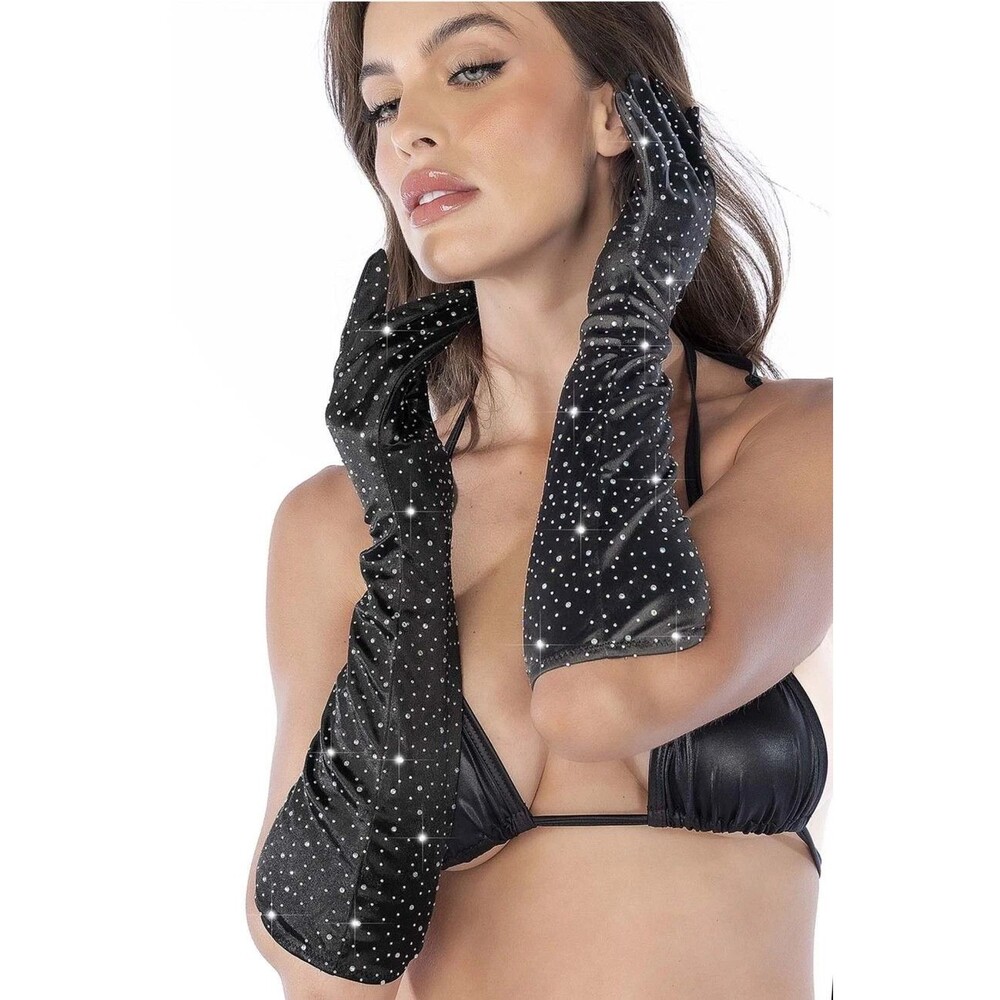 Mapale Black Satin Rhinestone Opera Gloves One Size